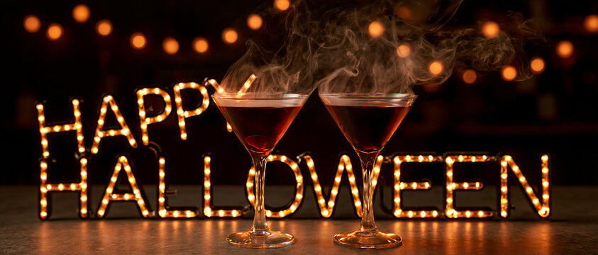 Happy Halloween Glowing Text Cocktails Dark Bokeh Background