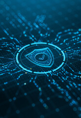 Data Protection Shield With Checkmark on Digital Cyber Network With Circuits © 3Dsss