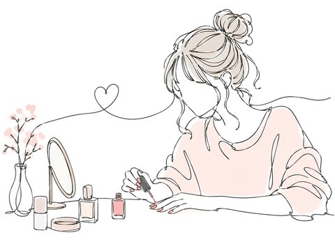 マニキュアを塗る女性の線画イラスト