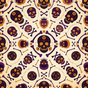 Seamless pattern with decorated sugar skulls and crossbones in orange and purple tones for day of dead festive holiday art.