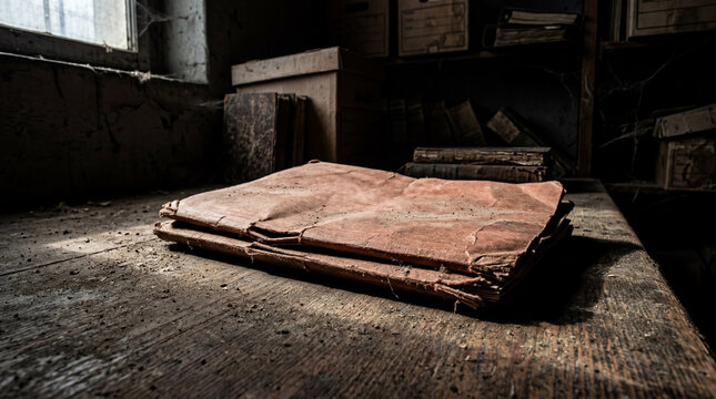 Old Dusty Manuscript Lying On Wooden Table In Dark Abandoned Room