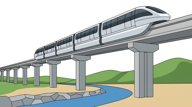 Futuristic Monorail Train Traveling on Elevated Viaduct Over River