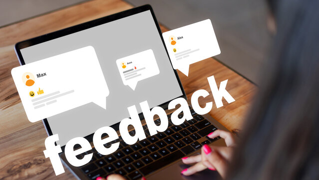 User reviews and comments displayed on a laptop screen during an online feedback session
