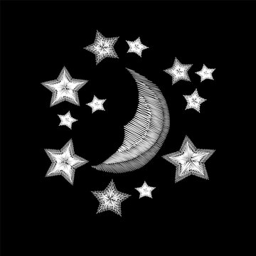 Crescent moon with stars embroidery design. Celestial needlework stitch style. Fashion clothing patches stickers print. Black background hand-stitched vector art.