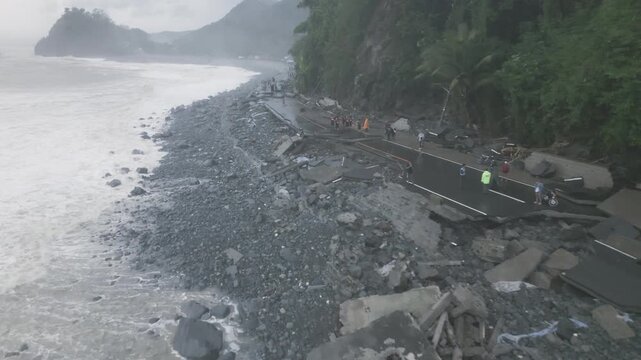 Drone View Of Extensive Coastal Road Damage After Hurricane Landfall