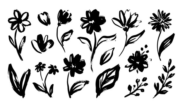 Abstract Scribble Grunge Flower Leaf Ink Brush Botanical Vector Illustration