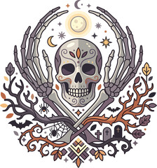 Fototapeta premium Spooky Halloween Illustration Featuring a Decorated Skull with Skeletal Hands, Moon, Stars, and Graveyard Elements, Gothic Occult Graphic Design Isolated on White Background for Creative Projects
