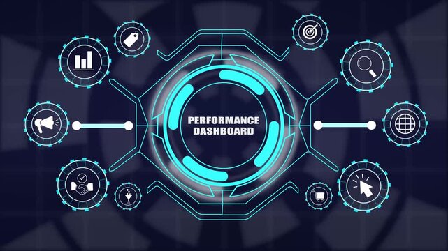 Corporate performance dashboard displaying real-time analytics, key metrics evaluation, target tracking, marketing data visualization and growth