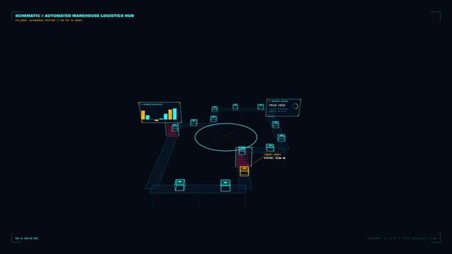 Digital interface depicting an automated warehouse logistics workflow with real-time data monitoring and tracking systems for industrial supply chain management