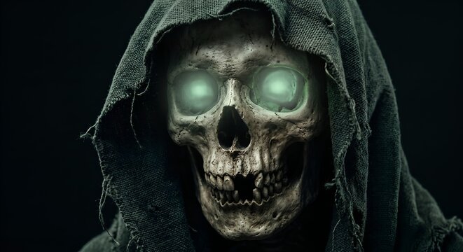 Hooded Skull With Glowing Eyes: Dark Skeleton Portrait for Horror Concept