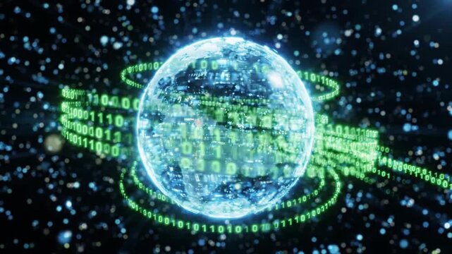 Digital globe surrounded by glowing green binary code rings in deep space.
