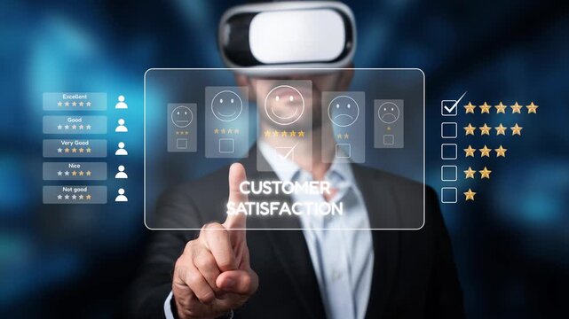 A professional utilizing virtual reality to assess customer satisfaction reflects the integration of advanced technology in business assessments and user experiences. Raster