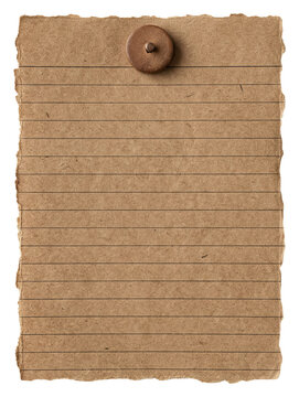 Torn brown paper note with a single button fastener.