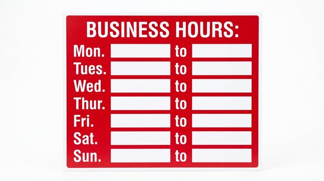 Red commercial sign displaying weekly business hours with blank spaces for custom schedules on white background