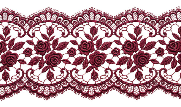Elegant Burgundy Lace Trim with Rose Motifs.
