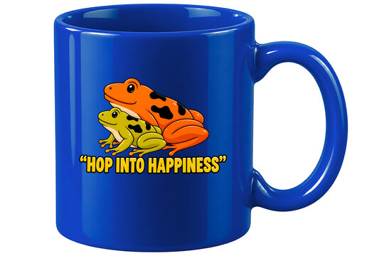 Charming blue ceramic coffee mug featuring two colorful cute frogs and the text "HOP INTO HAPPINESS".