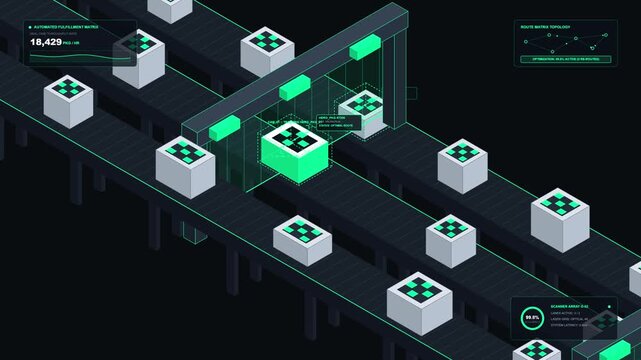 Futuristic automated smart factory production line with digital scanning sensors and isometric conveyor system processing cargo boxes