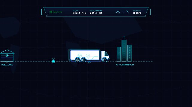Autonomous logistics truck tracking HUD dashboard technology smart shipping motion graphics