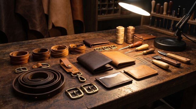 Handcrafted leather wallets, belts, and metal buckles displayed on a rustic wooden workbench illuminated by warm task lighting in a professional artisan leather crafting studio.