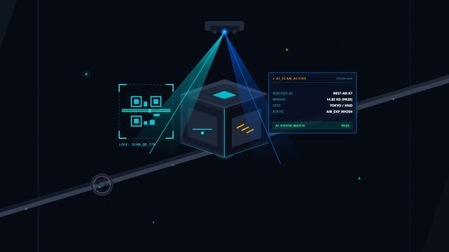 Logistics AI scanning system processing package data on conveyor