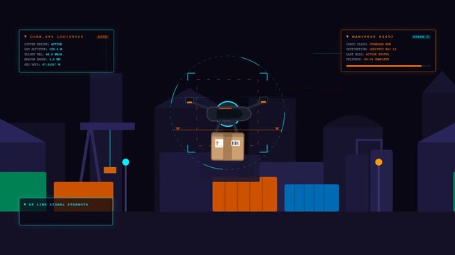 Autonomous delivery drone carrying cardboard package over night city