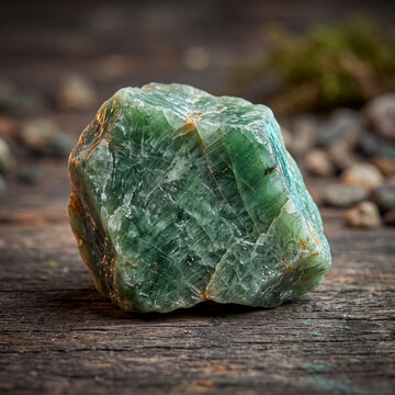 Natural Green Jade Stone on Wooden Surface for Jewelry and Decoration.