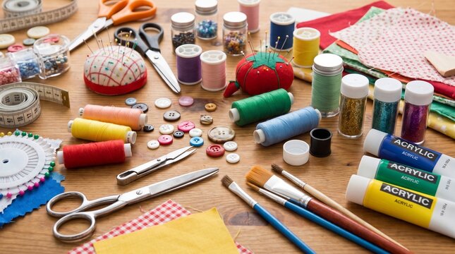 Vibrant collection of sewing supplies featuring colorful spools of thread needles scissors acrylic paint tubes buttons and measuring tape arranged neatly on wooden craft table