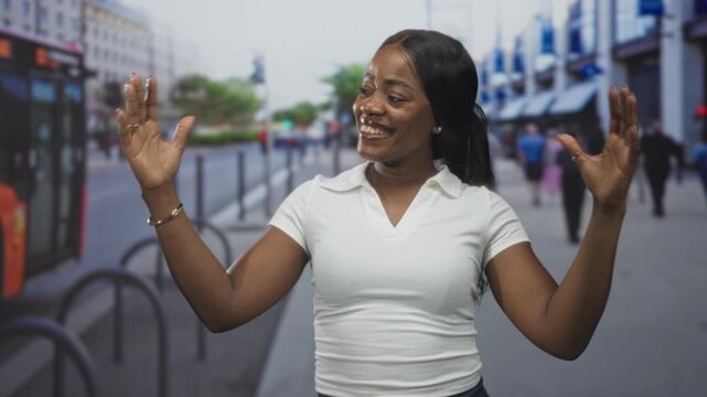 Woman smiling with raised hands and open palms on a busy street wearing a white collared shirt and bangle; joy confidence.