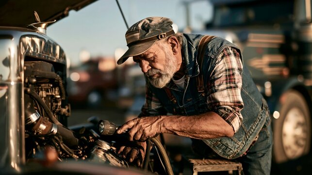 Veteran Trucker Inspecting the Engine of His Classic Peterbilt