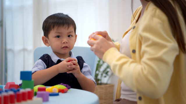 Mother guiding a child while playing educational toys, supporting learning and problem-solving skills