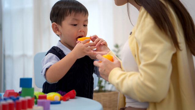 Mother guiding a child while playing educational toys, supporting learning and problem-solving skills