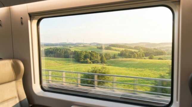 Scenic view through passenger train window looking outside at rolling green hills meadows rural countryside landscape during sunny summer journey
