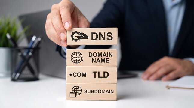 Businessman building a tower of wooden blocks with internet infrastructure concepts