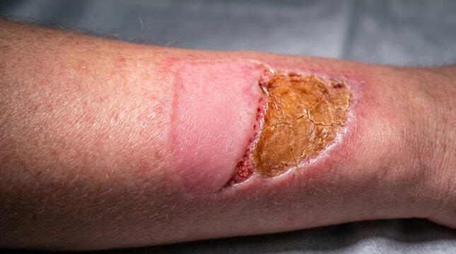 Severe second degree burn wound healing with skin graft and thick necrotic eschar scab