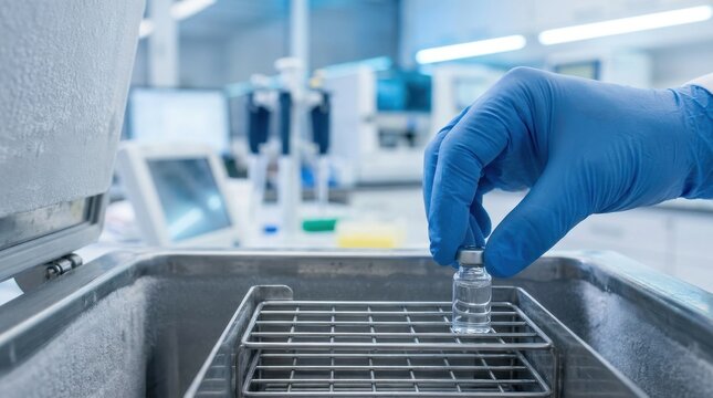 Scientist Hand In Blue Protective Glove Placing A Vial Into A Cold Storage Laboratory Freezer Unit For Medical Research And Biological Sample