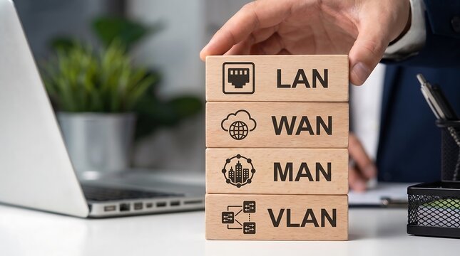 Businessman hand stacking wooden blocks with network terminology labels including LAN WAN MAN and VLAN acronyms