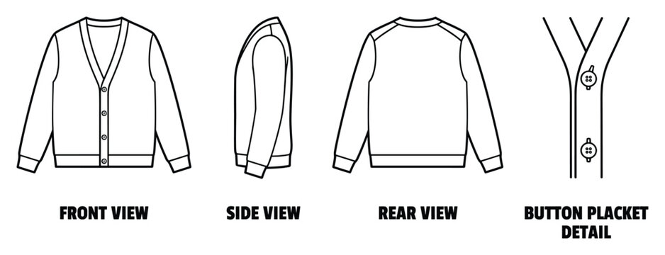 Cardigan front side rear views and button placket detail for apparel design.