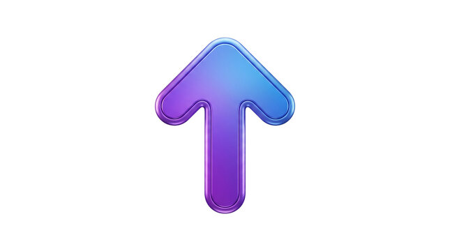 3D rendering of neon purple and blue gradient upward arrow icon isolated on white background glassmorphic style glossy up direction pointer graphic