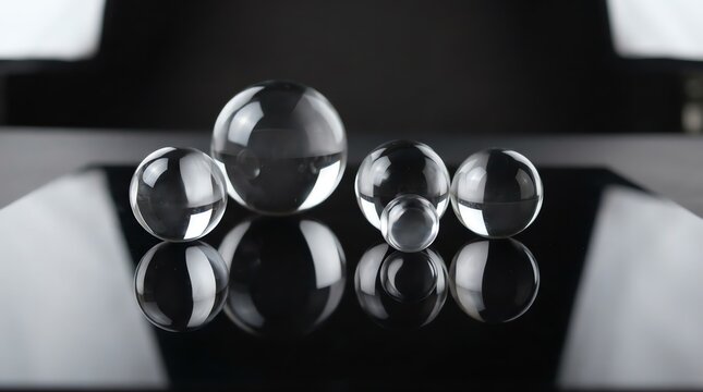 Clear glass spheres on reflective black surface