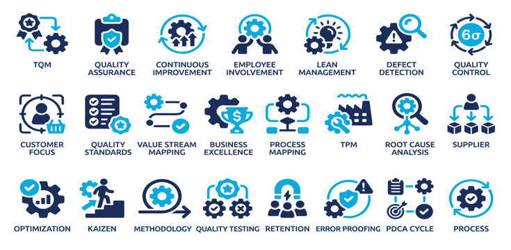 Total Quality Management Icon Set. TQM, Quality Assurance, Quality Control, Continuous Improvement, Lean Management, Six Sigma and Kaizen Solid Vector Icons Collection