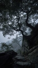 Fototapeta premium Misty mountain path winding through thick trees.