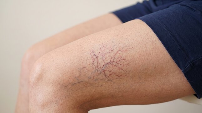 Spider veins and varicose vein formation visible on woman upper leg thigh