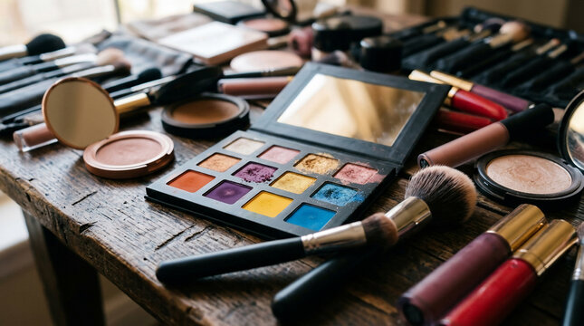 A vibrant array of makeup products, including colorful eyeshadow palettes and brushes on a rustic wooden table