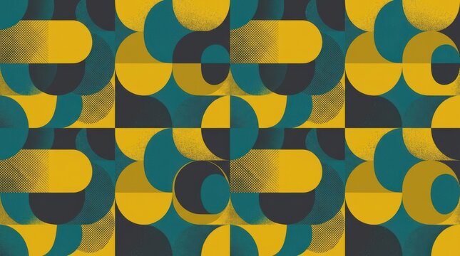 Seamless Geometric Pattern Retro Mid Century Modern Design Featuring Rounded Shapes and Halftone Textures in Vibrant Teal Yellow and Charcoal Gray