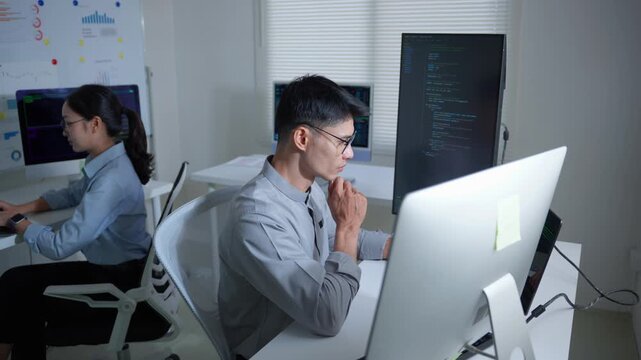 Asian software developers working late at night programming and coding on desktop computers in a modern office