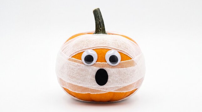 Funny halloween pumpkin decorated as a mummy with googly eyes and gauze on white background