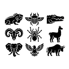 Fototapeta premium A collection of nine black animal glyphs including an iguana, scarab, alligator, ram, spider, llama, elephant, eagle, and bull.