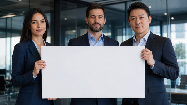 People hold blank sign in modern office with calm professional expression