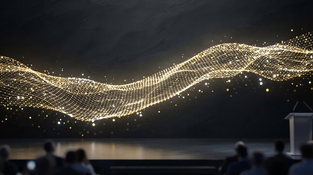 Golden digital wave on screen in conference room