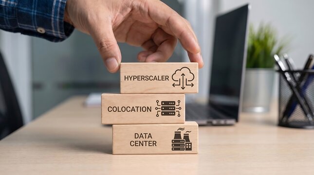 Hand stacking wooden blocks with symbols representing hyperscaler colocation and data center cloud infrastructure concepts